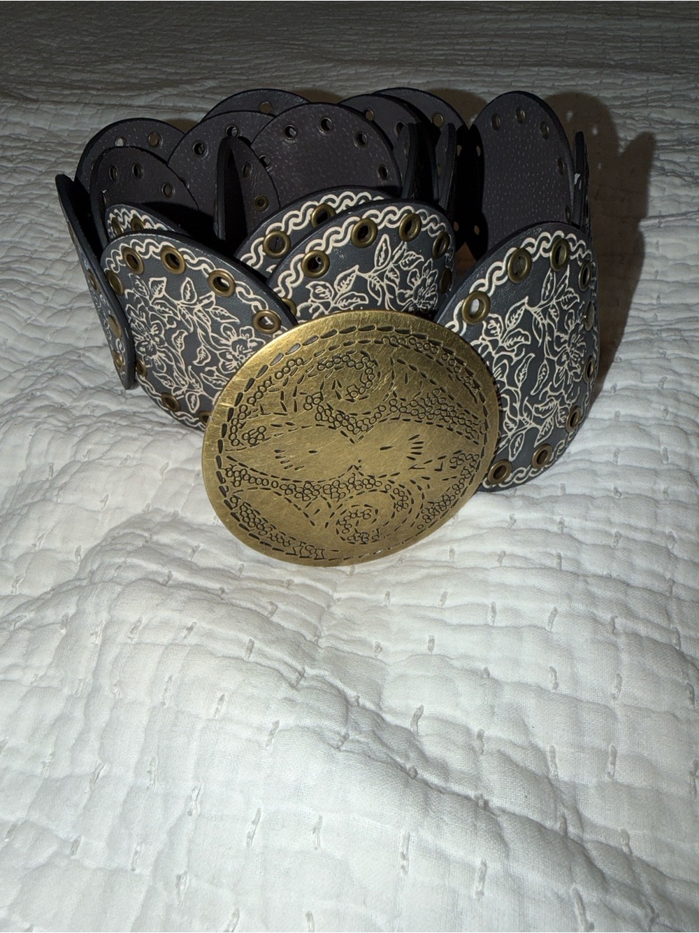 Urban Outfitters Grey Leather Wide Belt with Ornate Brass Buckle